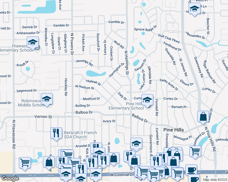 map of restaurants, bars, coffee shops, grocery stores, and more near 1630 Daly Street in Orlando