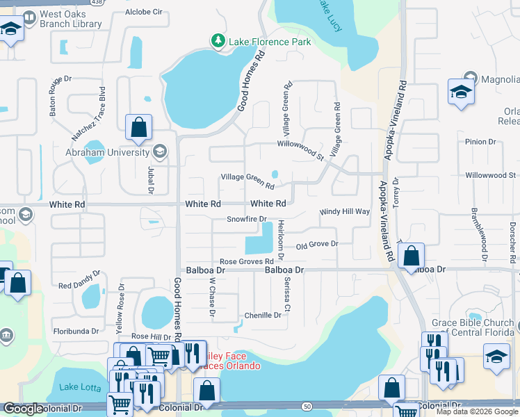 map of restaurants, bars, coffee shops, grocery stores, and more near 8401 White Road in Orlando