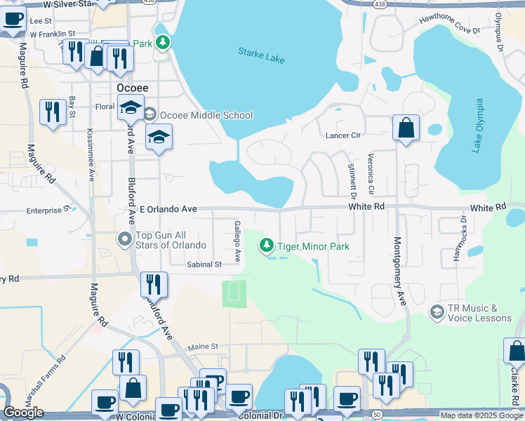 map of restaurants, bars, coffee shops, grocery stores, and more near 406-498 East Orlando Avenue in Ocoee