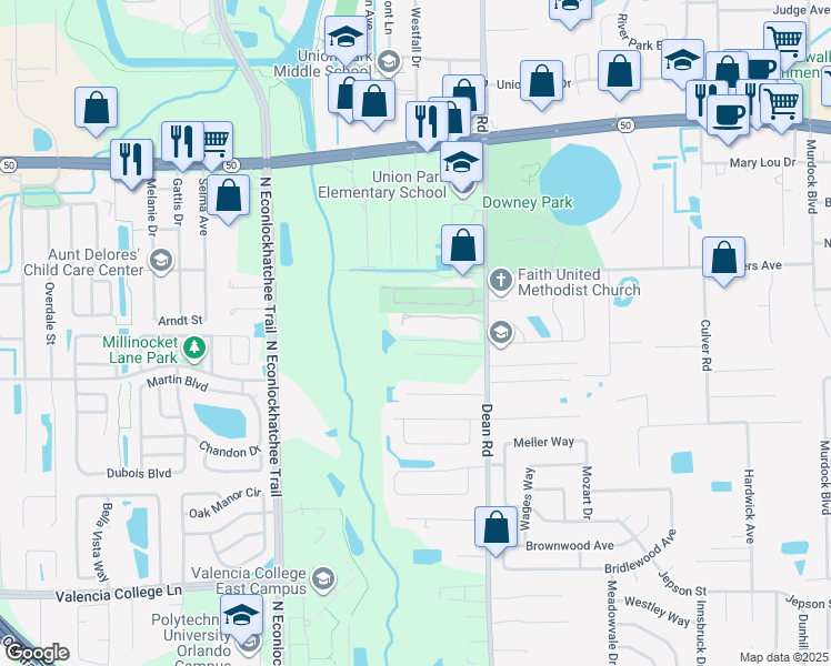 map of restaurants, bars, coffee shops, grocery stores, and more near 9825 River Crest Court in Orlando
