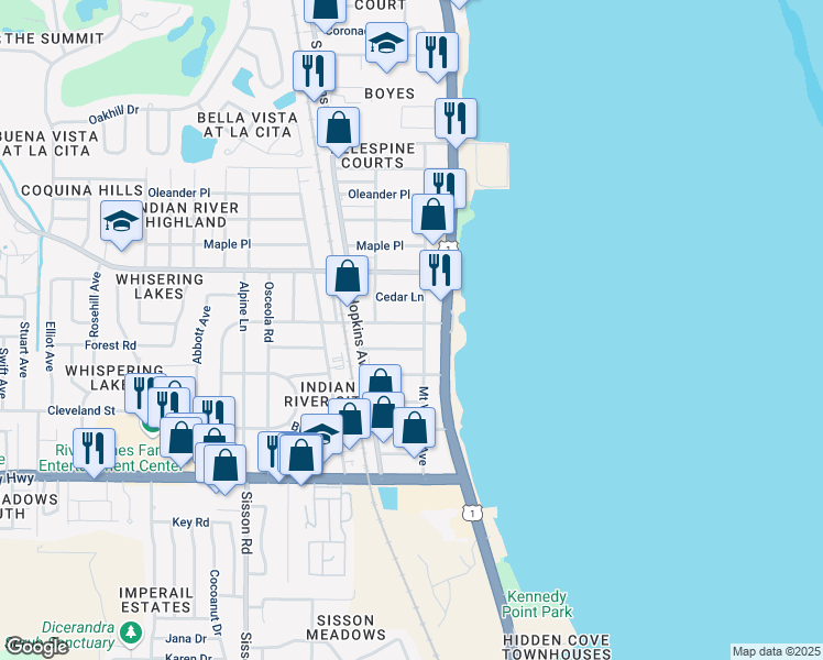 map of restaurants, bars, coffee shops, grocery stores, and more near 4025 Coquina Avenue in Titusville