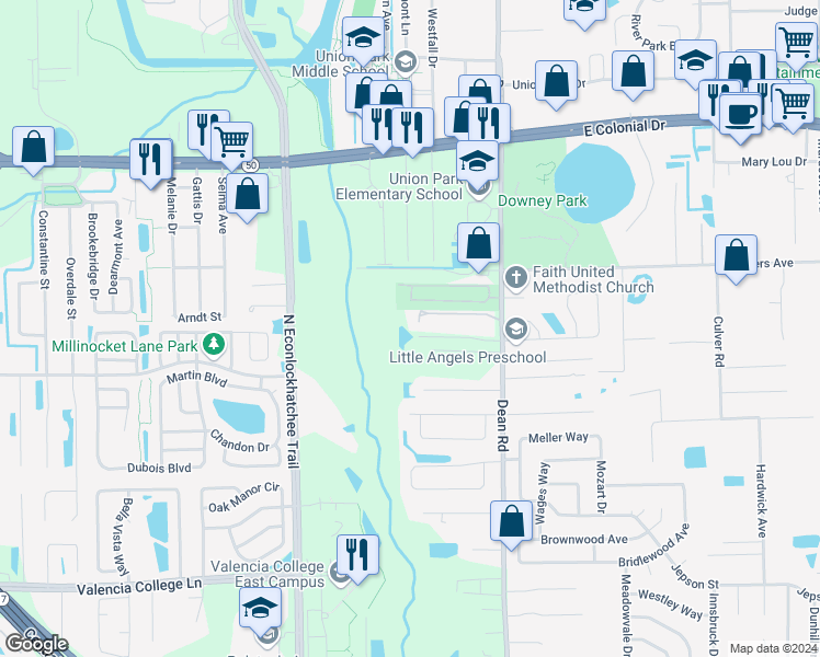 map of restaurants, bars, coffee shops, grocery stores, and more near 9801 River Crest Court in Orlando