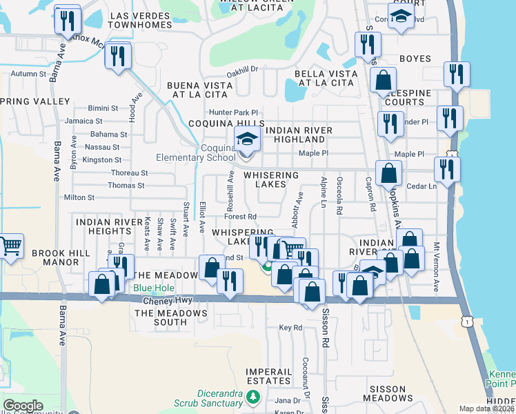map of restaurants, bars, coffee shops, grocery stores, and more near 4375 Carlysle Avenue in Titusville