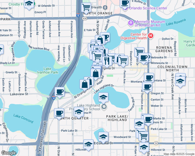 map of restaurants, bars, coffee shops, grocery stores, and more near 1300 North Orange Avenue in Orlando