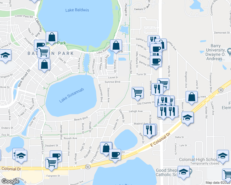 map of restaurants, bars, coffee shops, grocery stores, and more near 1343 Sasoon Avenue in Orlando