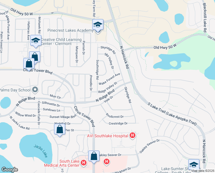 map of restaurants, bars, coffee shops, grocery stores, and more near 1836 Ridge Valley Street in Clermont