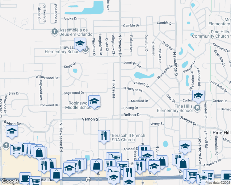 map of restaurants, bars, coffee shops, grocery stores, and more near 1740 North Powers Drive in Orlando