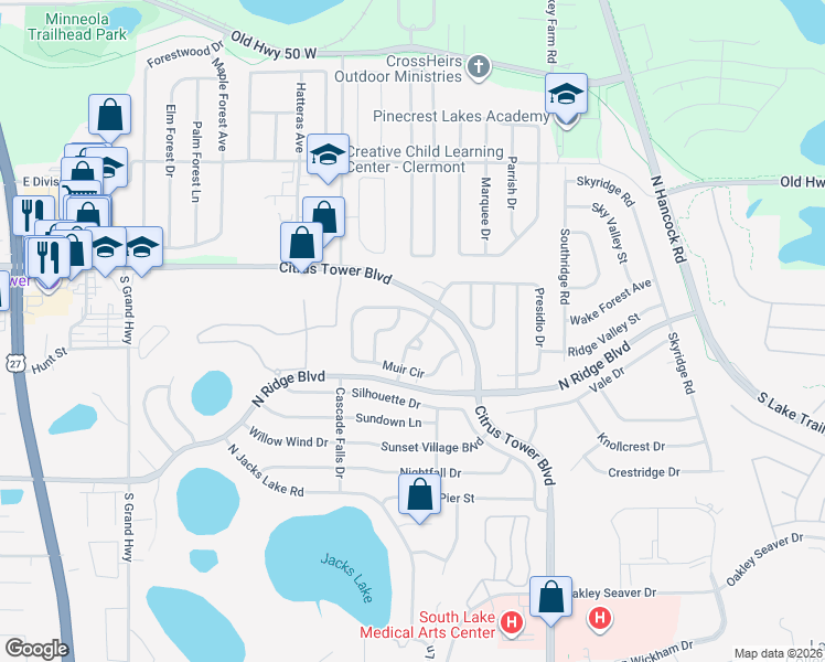 map of restaurants, bars, coffee shops, grocery stores, and more near 1526 Presidio Drive in Clermont