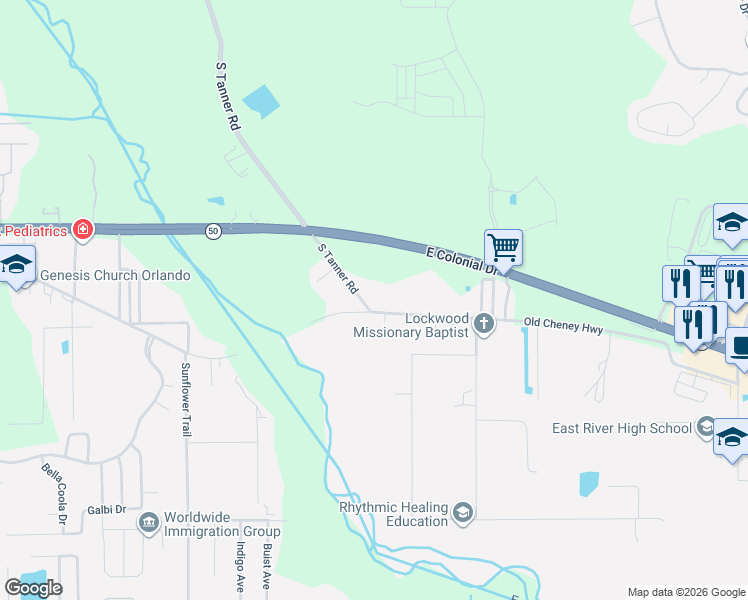 map of restaurants, bars, coffee shops, grocery stores, and more near 1505 South Tanner Road in Orlando