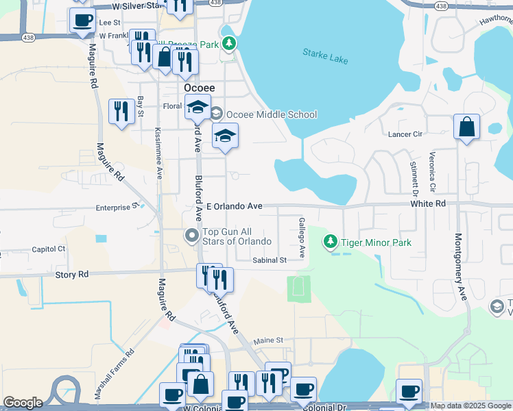 map of restaurants, bars, coffee shops, grocery stores, and more near 324 East Orlando Avenue in Ocoee