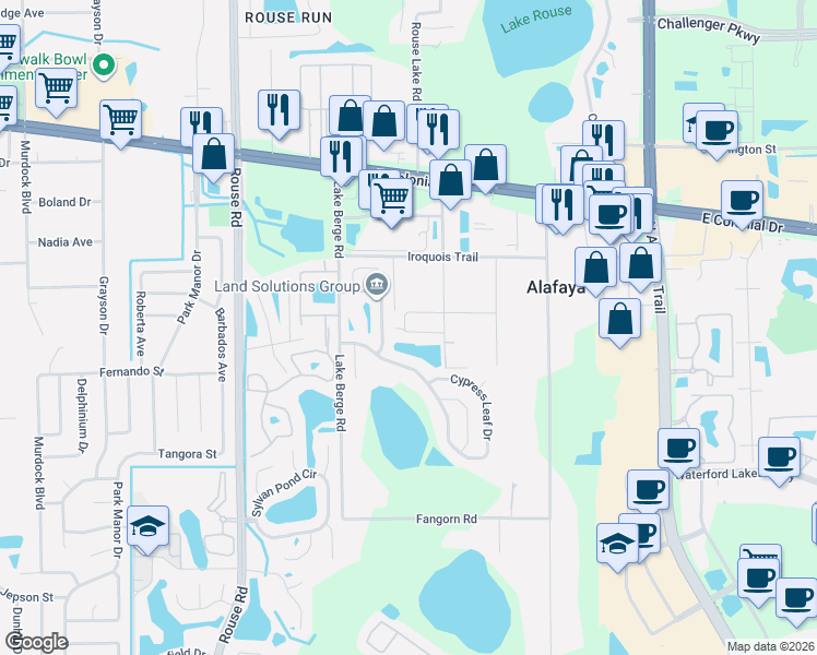 map of restaurants, bars, coffee shops, grocery stores, and more near 1325 Silverthorn Drive in Orlando