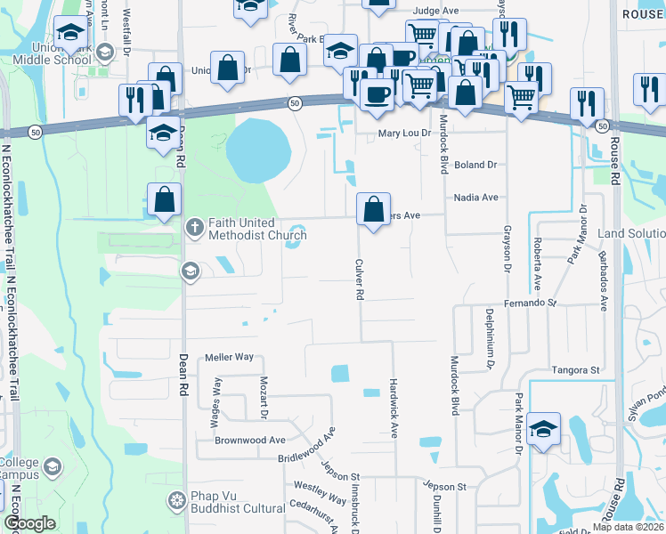 map of restaurants, bars, coffee shops, grocery stores, and more near 1226 Culver Road in Orlando