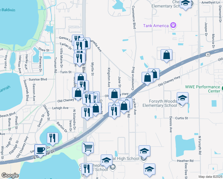 map of restaurants, bars, coffee shops, grocery stores, and more near 1228 Kingston Avenue in Orlando