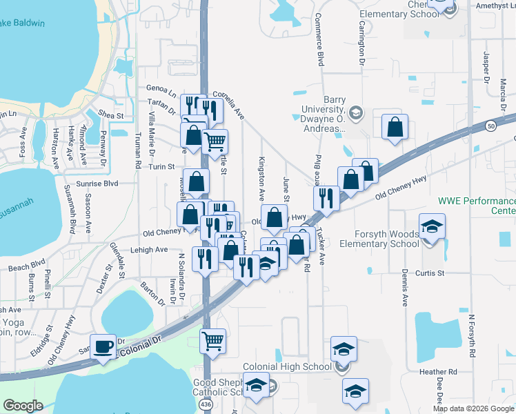 map of restaurants, bars, coffee shops, grocery stores, and more near 1228 Kingston Avenue in Orlando