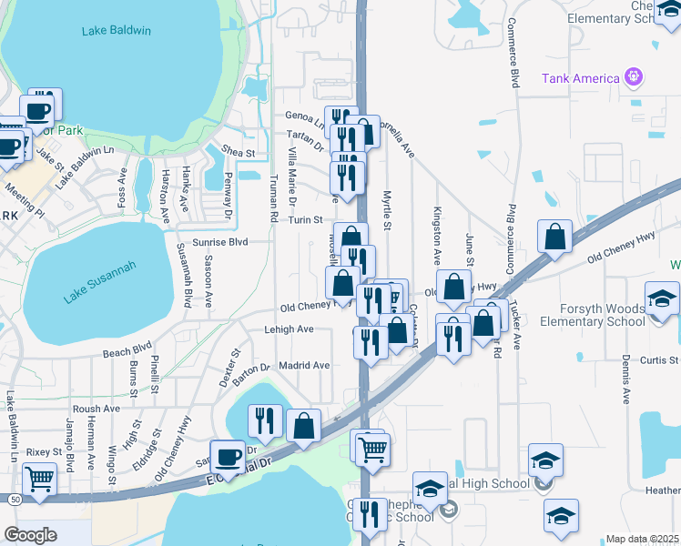 map of restaurants, bars, coffee shops, grocery stores, and more near 19 Moselle Avenue in Orlando