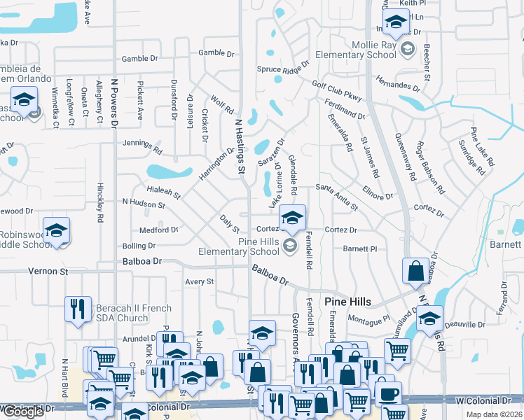 map of restaurants, bars, coffee shops, grocery stores, and more near 5712 Bolling Drive in Orlando