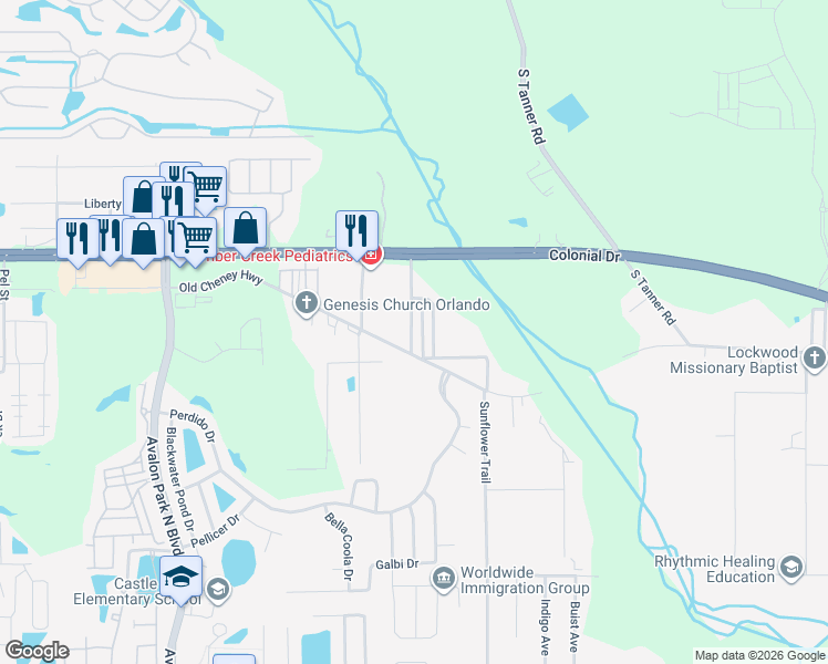 map of restaurants, bars, coffee shops, grocery stores, and more near 1601 Semon Drive in Orlando