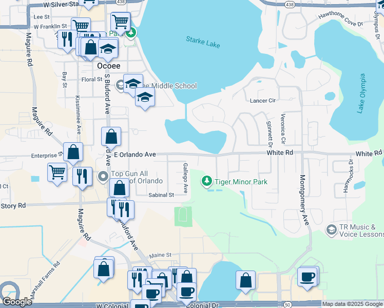 map of restaurants, bars, coffee shops, grocery stores, and more near 406-498 East Orlando Avenue in Ocoee