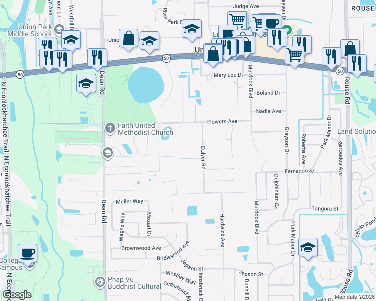 map of restaurants, bars, coffee shops, grocery stores, and more near 1226 Culver Road in Orlando