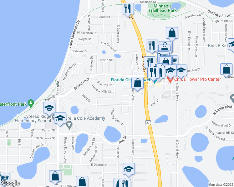 map of restaurants, bars, coffee shops, grocery stores, and more near 510 Rob Roy Drive in Clermont