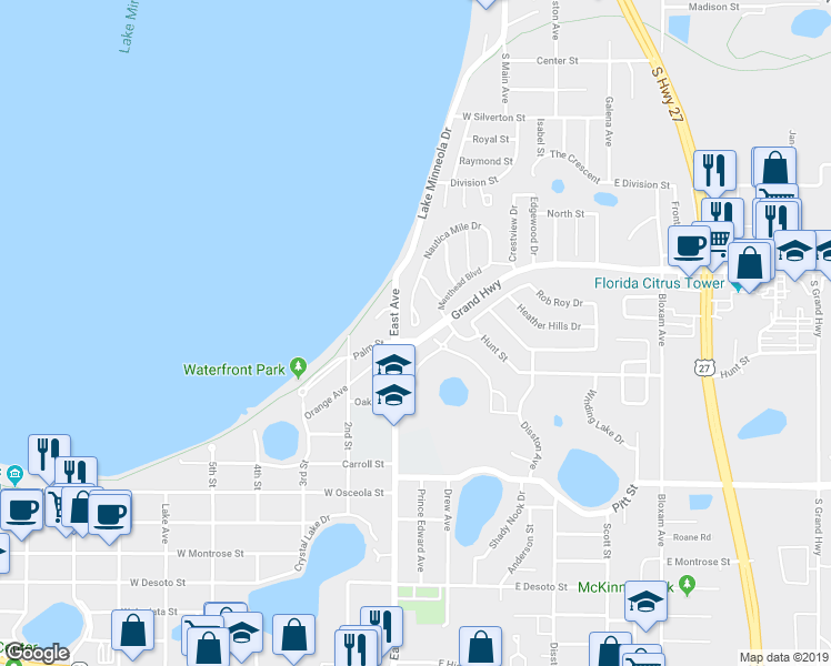 map of restaurants, bars, coffee shops, grocery stores, and more near 105 Nautica Mile Drive in Clermont