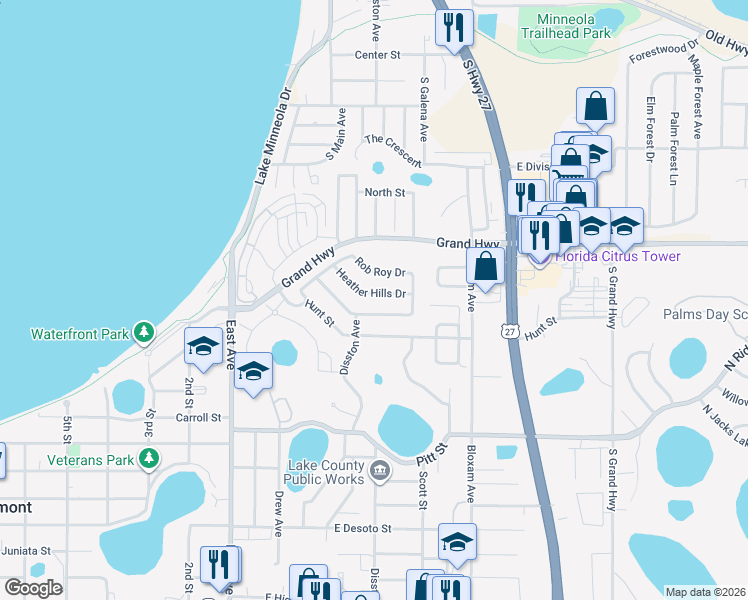 map of restaurants, bars, coffee shops, grocery stores, and more near 425 Heather Hills Drive in Clermont
