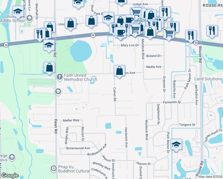 map of restaurants, bars, coffee shops, grocery stores, and more near 1226 Culver Road in Orlando