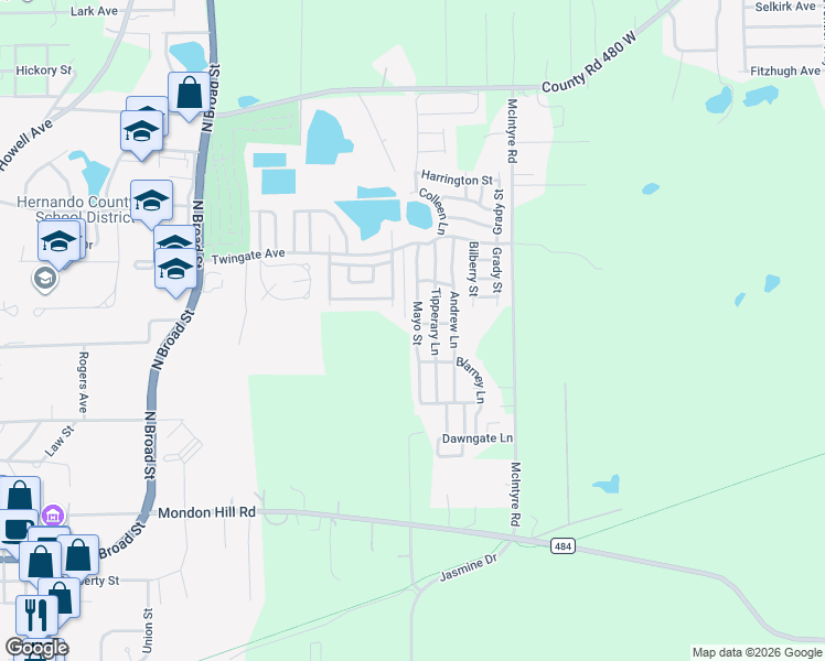 map of restaurants, bars, coffee shops, grocery stores, and more near 4234 Tipperary Lane in Brooksville