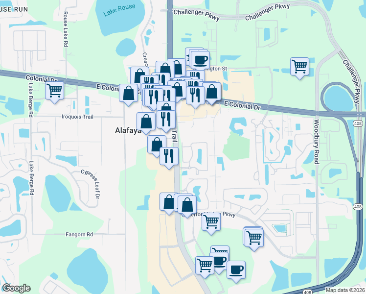 map of restaurants, bars, coffee shops, grocery stores, and more near 1332 Alana Drive in Orlando