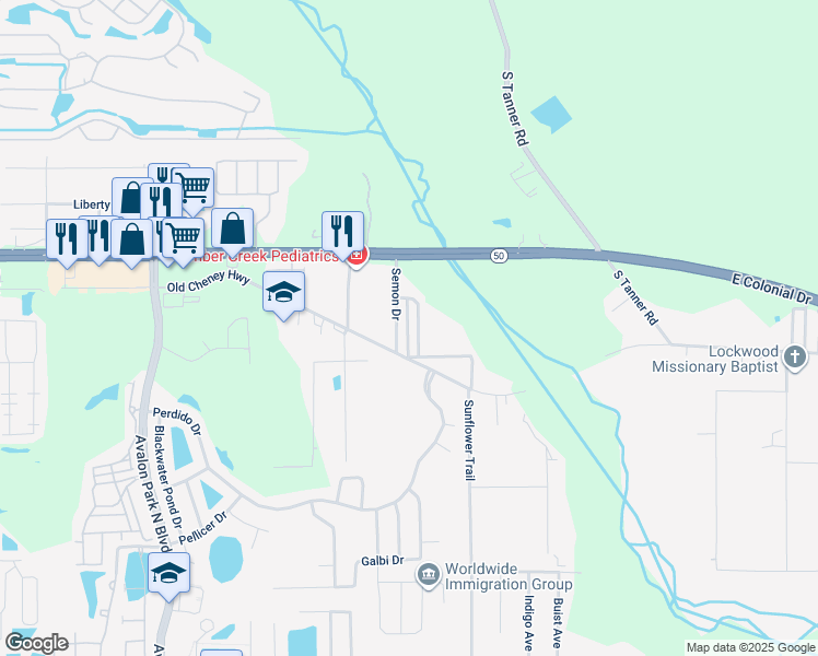 map of restaurants, bars, coffee shops, grocery stores, and more near 1601 Semon Drive in Orlando