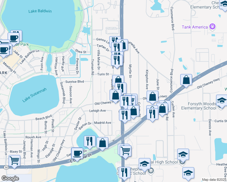 map of restaurants, bars, coffee shops, grocery stores, and more near 19 Moselle Avenue in Orlando
