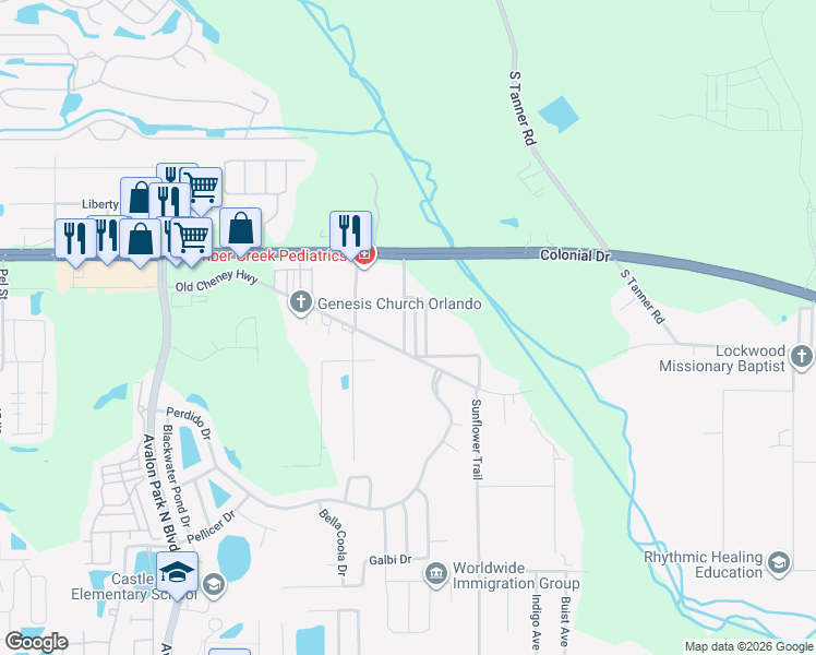 map of restaurants, bars, coffee shops, grocery stores, and more near 1601 Semon Drive in Orlando