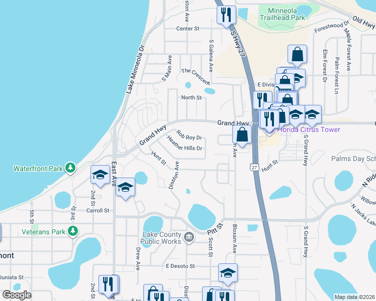 map of restaurants, bars, coffee shops, grocery stores, and more near 425 Heather Hills Drive in Clermont