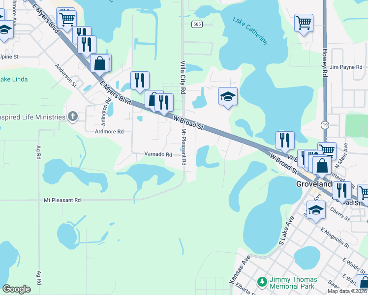 map of restaurants, bars, coffee shops, grocery stores, and more near 194 Mount Pleasant Road in Groveland