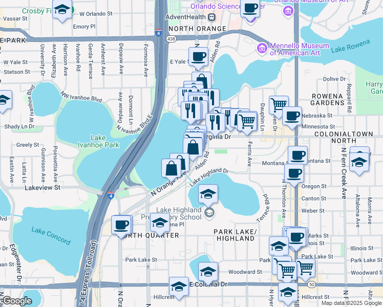 map of restaurants, bars, coffee shops, grocery stores, and more near 1300 North Orange Avenue in Orlando