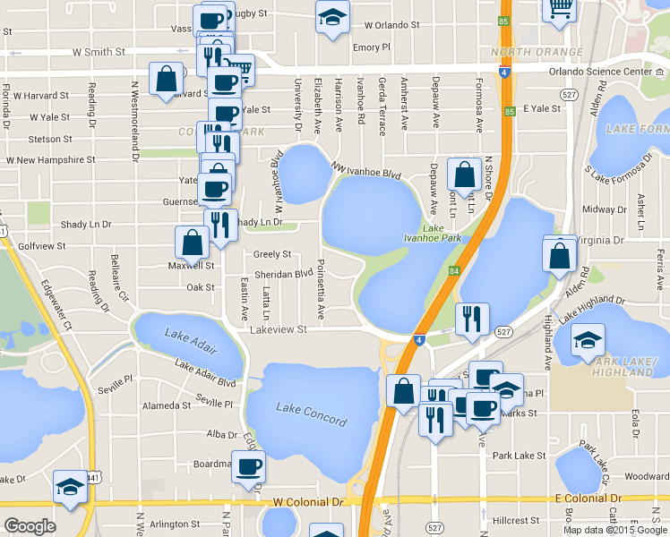 map of restaurants, bars, coffee shops, grocery stores, and more near 335 Columbo Circle in Orlando