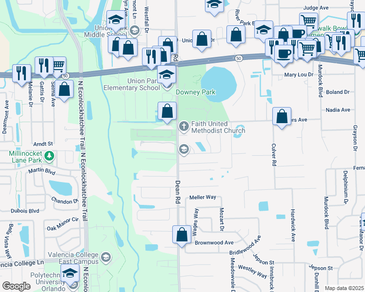 map of restaurants, bars, coffee shops, grocery stores, and more near 1232 Tino Court in Orlando