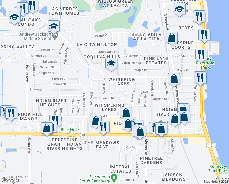 map of restaurants, bars, coffee shops, grocery stores, and more near 4360 Best Avenue in Titusville