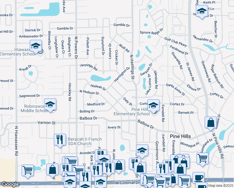 map of restaurants, bars, coffee shops, grocery stores, and more near 1630 Daly Street in Orlando