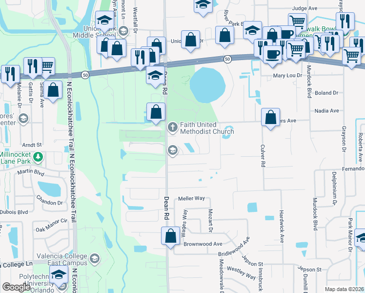map of restaurants, bars, coffee shops, grocery stores, and more near 10035 Portale Avenue in Orlando