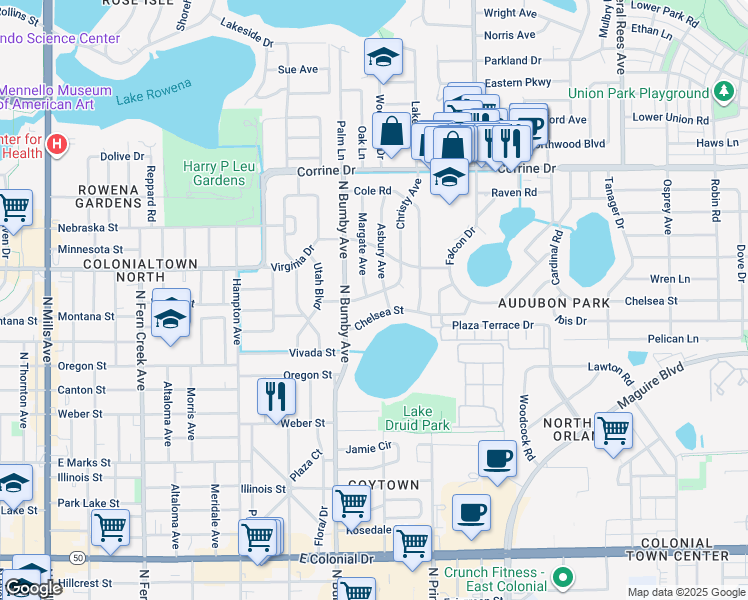 map of restaurants, bars, coffee shops, grocery stores, and more near 1300 Margate Avenue in Orlando
