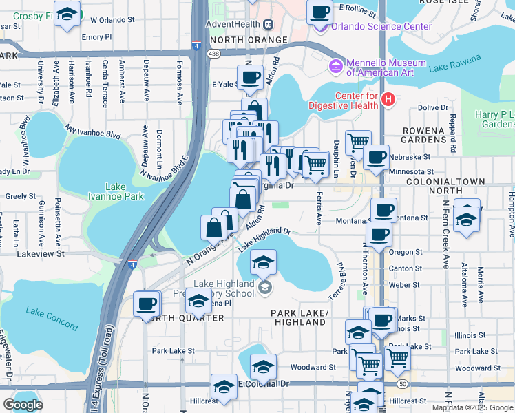 map of restaurants, bars, coffee shops, grocery stores, and more near 1220 Alden Road in Orlando