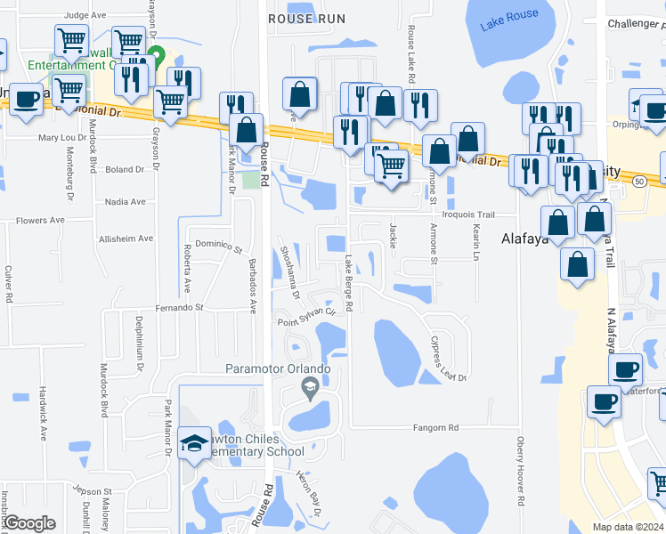 map of restaurants, bars, coffee shops, grocery stores, and more near 11128 Acme Drive in Orlando