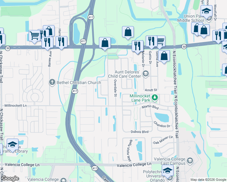 map of restaurants, bars, coffee shops, grocery stores, and more near 1217 Constantine Street in Orlando