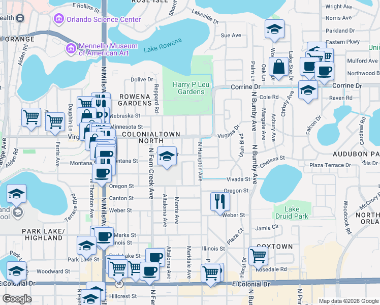 map of restaurants, bars, coffee shops, grocery stores, and more near 1300 Hardy Avenue in Orlando