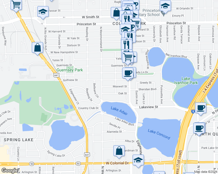 map of restaurants, bars, coffee shops, grocery stores, and more near 1303 North Westmoreland Drive in Orlando