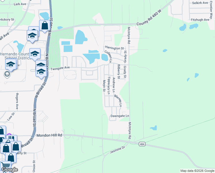 map of restaurants, bars, coffee shops, grocery stores, and more near 4234 Tipperary Lane in Brooksville