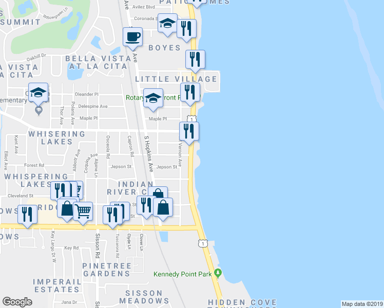 map of restaurants, bars, coffee shops, grocery stores, and more near 4299 South Washington Avenue in Titusville