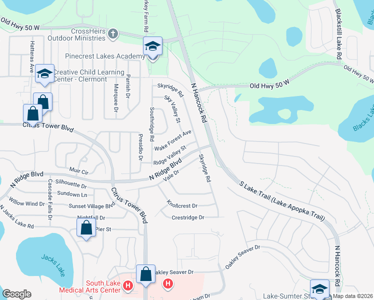 map of restaurants, bars, coffee shops, grocery stores, and more near 1879 Ridge Valley Street in Clermont