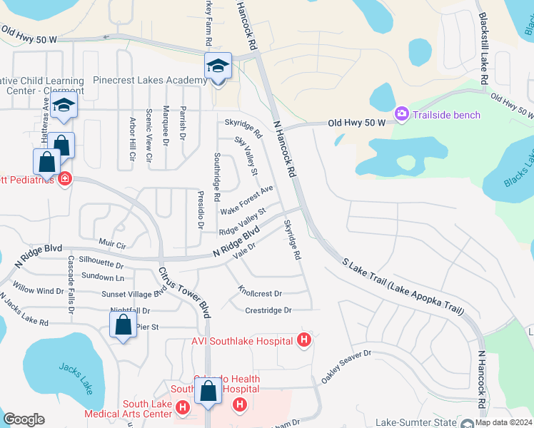 map of restaurants, bars, coffee shops, grocery stores, and more near 1879 Ridge Valley Street in Clermont